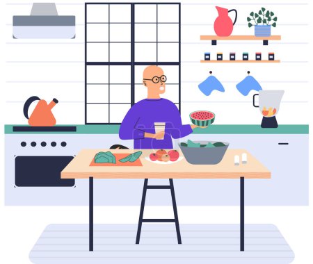 Illustration for People cooking vegetarian food. Vector illustration. Fresh vegetables, organic food, natural products. Smiling man cooking homemade meals in small cozy kitchen. Father preparing dinner on big stove - Royalty Free Image