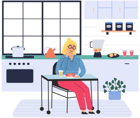 Illustration for Vegan healthy lifestyle, food diet and nutrition. Cartoon young woman holding vitamin vegetable ingredient and cooking, vegetarian tasty meal on plate, sitting at table in kitchen. Nourishment concept - Royalty Free Image