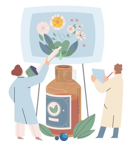Illustration for Herbal medicine and alternative homeopathy concept with scientists at monitor with plants. Organic treatment elements with natural products, herb pharmacy, food supplement and essential oils - Royalty Free Image