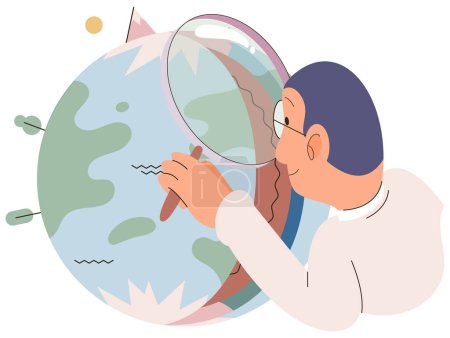 Illustration for Scientist studying earth layers, examines section of globe with magnifying glass. Core, mantle, crust and lithosphere geological examination and inner section structure exploration with planet model - Royalty Free Image