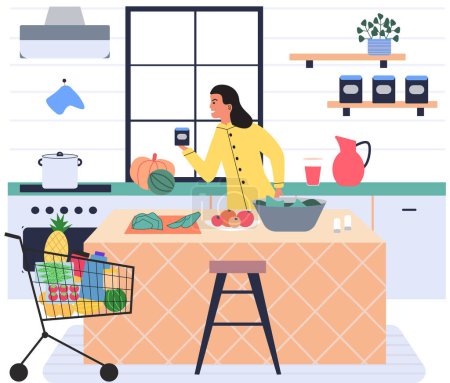 Illustration for People cooking vegetarian food. Vector illustration. Cute girl cooking homemade meals in kitchen. Cooking dietary dishes. Woman cutting salad ingredients by recipe. Woman preparing salad - Royalty Free Image