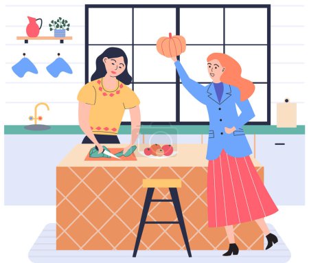 Illustration for People cooking vegetarian food. Vector illustration. Set of characters cooking meal home. Woman preparing food for dinner. People cooking. Wife preparing healthy alternative from vegetarian nutrition - Royalty Free Image