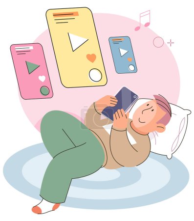 Illustration for School or preschool children using gadgets, kids distance education, addiction of smart technologies. Early development, studying online. Boy looking at tablet, playing game on smartphone lying on bed - Royalty Free Image