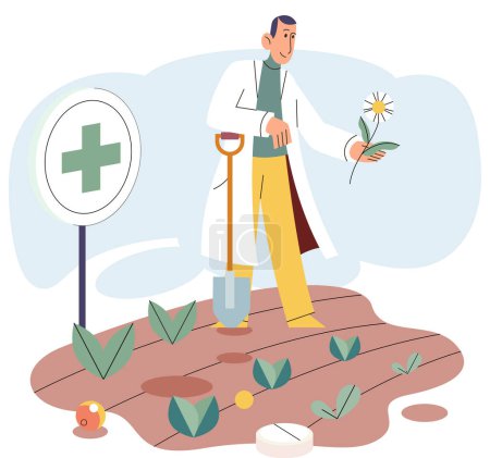 Illustration for Herbal medicine and homeopathy healthcare and health treatment. Scientist growing medicinal plants picking sprouts in garden bed. Organic cure and aromatherapy. Green natural pharmaceutical ingredient - Royalty Free Image