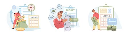 Illustration for People analysis budget Calculate financial plan save income expense management. Financial return investment, fund raising, revenue growth, interest rate, loan installment, credit money, budget balance - Royalty Free Image