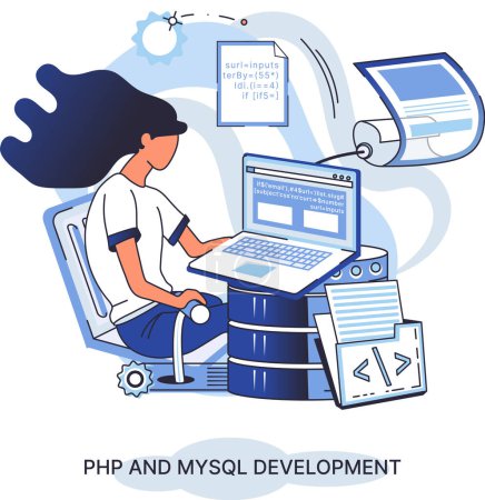 Illustration for PHP and MySql development metaphor. Software website developer with computer, programmer service, open source general purpose programming language. Scripting web applications allows to create programs - Royalty Free Image
