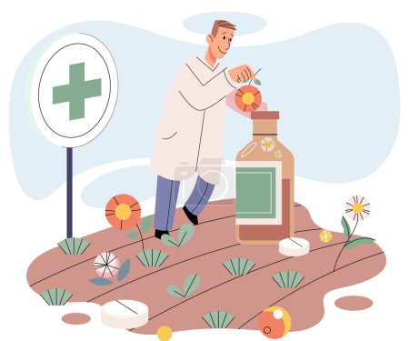 Illustration for Herbal medicine and homeopathy healthcare and health treatment. Scientist growing medicinal plants picking leaves in garden bed. Using healing power of flowers and herbs. Organic cure and aromatherapy - Royalty Free Image