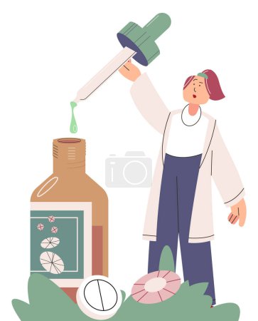 Illustration for Homeopathic herbal medicine, alternative treatment, phytotherapy, use for therapeutic or prophylactic purposes of medicinal plants or preparations derived from them. Researcher working in laboratory - Royalty Free Image