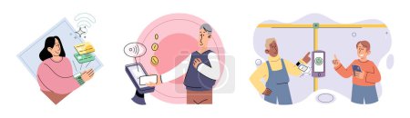 Illustration for Cashless payment. Vector illustration. The simplicity and speed of contactless payments make them popular among busy consumers Wireless payment systems utilize encryption technology to ensure secure - Royalty Free Image