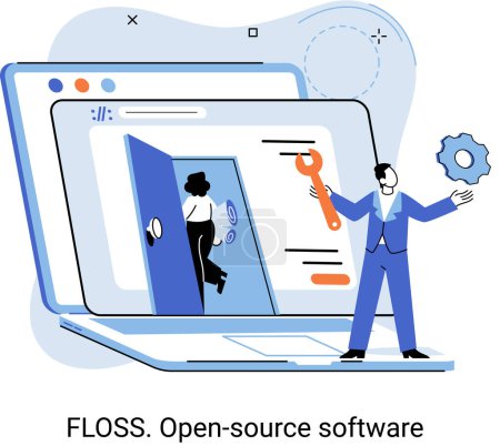 Illustration for FLOSS. Open source software. Free product anyone can freely redistribute, modify and completely remake, can be improved, modernized thanks to inventions of users. Tiny programming language persons - Royalty Free Image