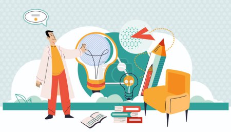 Illustration for Student online class starter pack desk setup for modern education digital schooling illustration. Teacher with office tools, pile of books. Distance teaching concept. Creative idea or art master class - Royalty Free Image