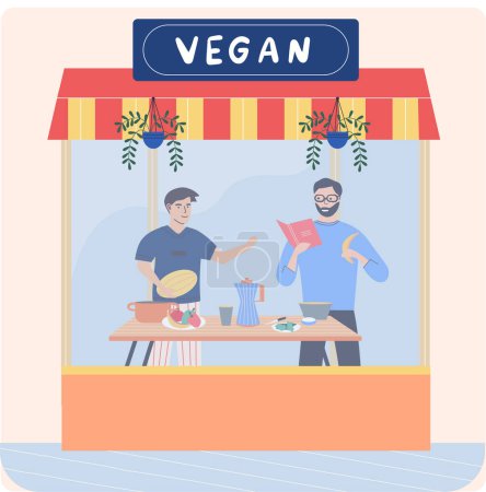Illustration for Men preparing vegan dish in restaurant or cafe. Vegetarian healthy lifestyle, food diet and nutrition. Cartoon people holding vitamin vegetable ingredient and cooking, tasty meal. Nourishment concept - Royalty Free Image