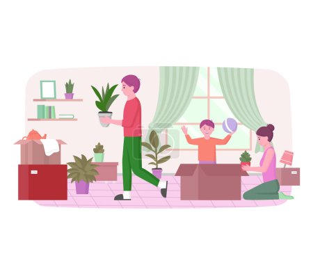 Illustration for New family home. People relocating to new apartment. Father and mother with child packing belongings in box. Young couple unpacking furniture in living room. House moving, happy family concept - Royalty Free Image