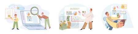 Illustration for People analysis budget. Calculate financial plan of save income and expense management, accounting report, income growth, statistic dashboard. Investing and Personal finance, credit and budgeting - Royalty Free Image