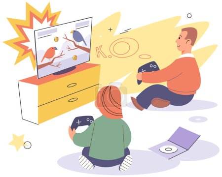 Illustration for Two kids sitting at tv screen with gamepad controllers, boy and girl playing fighting console video game together at home. Children gamers cartoon characters. Gaming entertainment and leisure - Royalty Free Image