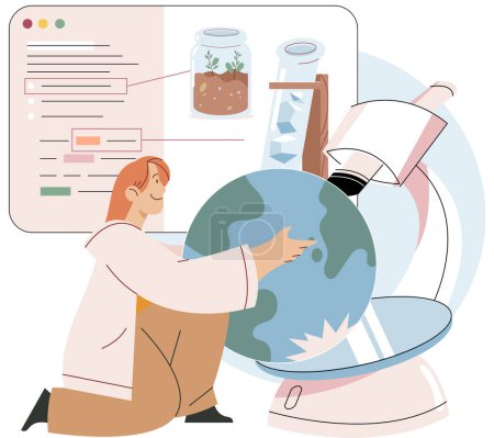 Illustration for Scientist conducts research to study planet Earth, makes experiments, studies properties of plants, state and degree of pollution of air, using lab microscope to identify environmental problems - Royalty Free Image