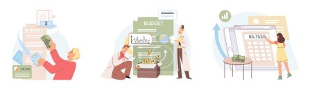 Illustration for People analysis budget. Calculate financial plan of save income and expense management. Retirement investments, pension fund. Putting coins in purse, income increase planning metaphor. Teamwork - Royalty Free Image