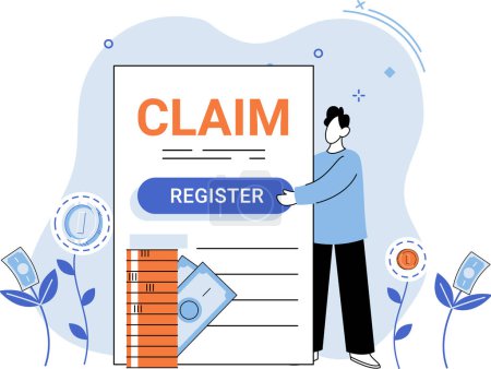 Illustration for Claim form, man filling out checklist, write personal information into document. Application form paper applying for job or registering claim for health insurance. Person answers questions in survey - Royalty Free Image