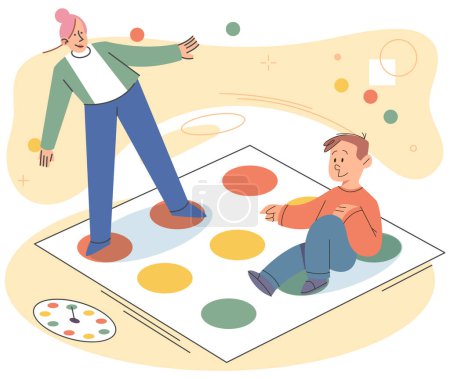 Illustration for Mother and son playing twister at floor, people spend time together, parent and kid playing indoor game. Happy mom and son, home activity, people have fun. Friends company joyful time inside - Royalty Free Image