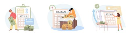 Illustration for People analysis budget. Calculate financial plan save income and expense management. Budget management. Personal financial control. Cash flow, piggy bank, child payment abstract metaphor illustration - Royalty Free Image