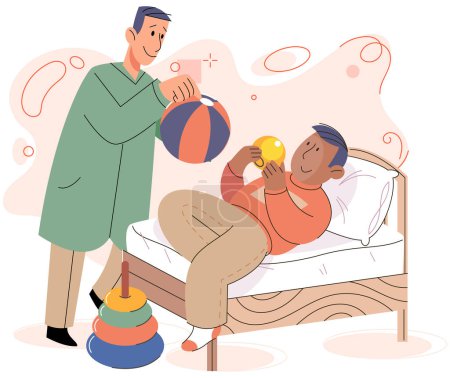 Illustration for Happy man and boy throw ball to each other in childrens room with toys. Active sports people playing games indoors, spend time together. Family inside activity. Father and son having fun while playing - Royalty Free Image