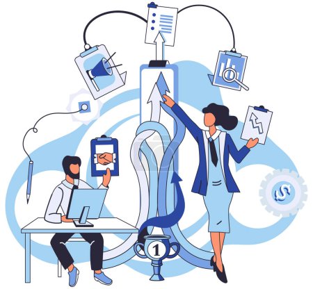 Illustration for Team solving complex problems. Teamwork vector illustration metaphor. Mission of business, values, human resource in solving problem, experience solve Collective brainstorm, idea generation, team - Royalty Free Image