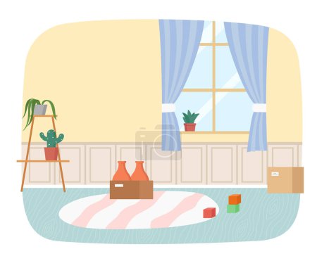 Illustration for Empty kindergarten room with furniture and toys for young children. Nursery school for learning kids, modern interior of playroom for fun and playing games with big window and indoor houseplants - Royalty Free Image
