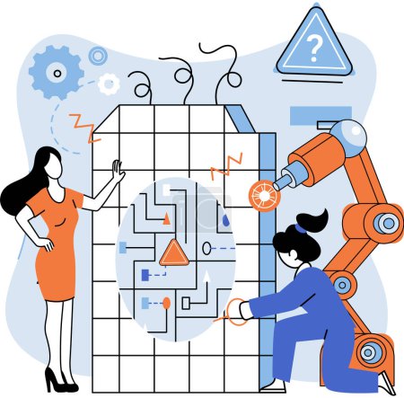Illustration for Team solving problems Focus group concept with people scene Marketer team discusses and conducts marketing research Team solve problem Finding solution, problem solving Teamwork partnership - Royalty Free Image