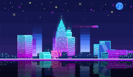 Illustration for Night city landscape neon pixel background with hight buildings silhouette and stars in dark sky. Pixelated evening cityscape neon for video game design pixel nighttime with modern skyscrapers - Royalty Free Image