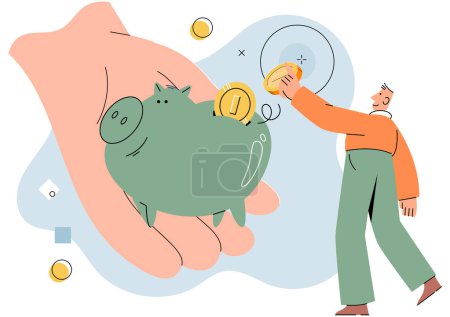 Illustration for Person putting money in piggy bank, calculating financial income. Planning budget. Save and invest money. Coins for counting of revenue. Cash profit and wealth. Success of economy and grow of business - Royalty Free Image