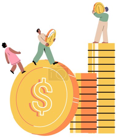 Illustration for Open bank deposit. People put coin in large pile to save money. Concept of maintaining family budget. Investment and finance growth. Businessmen put coin on stack of cash. Teamwork for increase income - Royalty Free Image