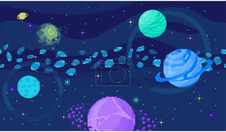 Illustration for Space location in pixel art. Background of planet. Crater landscape with mountains, planet and stars. Pixelated position for game or application. 8 bit video game. Galaxy blue area with few planets - Royalty Free Image