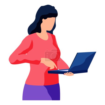 Illustration for Woman standing holding laptop. Freelance, studying, online education, work at home concept. Business person typing on keyboard writing message on tablet pc. Female manager looking at computer - Royalty Free Image