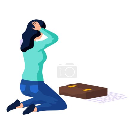 Illustration for Shocked woman feel stunned frightened by unbelievable news or message sitting with briefcase. Terrified female holding hands on head surprised amazed by bad negative accident. Shock and fear - Royalty Free Image