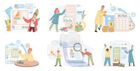 Illustration for People analysis budget. Calculate financial plan save income and expense management. Budget management. Personal financial control. Cash flow, piggy bank, child payment abstract metaphor illustration - Royalty Free Image