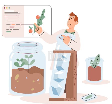 Illustration for Scientist conducts research to study nature, makes laboratory analysis. Idea of education, botany, microbiology. Biologists study structure of plants, conduct experiments. Biological research - Royalty Free Image