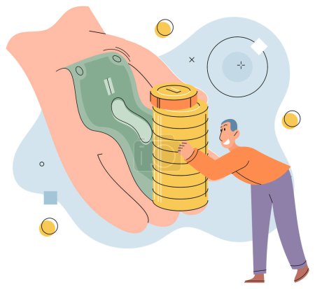 Illustration for Businessman putting coins and bills in human hand. Saving dollar cash concept. Capital business investment. Money deposit. Finance management and banking, earning and profit, personal finance - Royalty Free Image