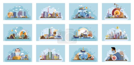 Illustration for Industrial pollution. Dirty waste. Environmental pollution. Vector illustration. Trash emission is contributing to environmental pollution Dirty waste from factories is polluting our water sources - Royalty Free Image