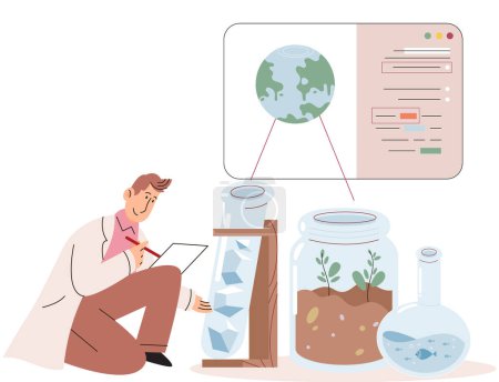 Illustration for Scientist conducts research to study nature, makes laboratory analysis. Idea of education, botany, microbiology. Biologists study structure of plants, conduct experiments with water in test tubes - Royalty Free Image