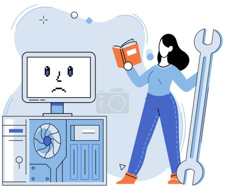 Illustration for Computer repair services, website maintenance, diagnostics. Specialist fixing technical problems, sysadmin working, maintains smooth operation of site. Engineer, system administrator with tool - Royalty Free Image