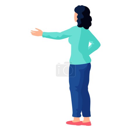 Téléchargez les illustrations : Jeune femme se tient debout, fait un geste à la main et montre quelque chose vue de dos isolé sur blanc. Fille pointant quelque part, personnage féminin tendu la main, parlant, communique émotionnellement - en licence libre de droit