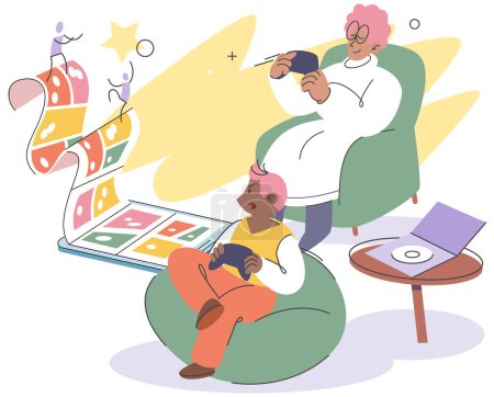 Illustration for Game party at home, family fun. Mother and her little son sitting on couch playing video games competition. Virtual reality, weekend spare time, leisure, gaming hobby. Parent spend time with child - Royalty Free Image