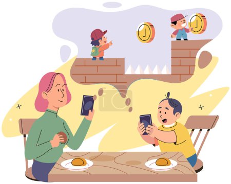 Illustration for Family playing video game together in living room. Smiling parent with kid holding phones. Mother and son spending time together. Game party at home, family fun. Weekend time, leisure, gaming hobby - Royalty Free Image
