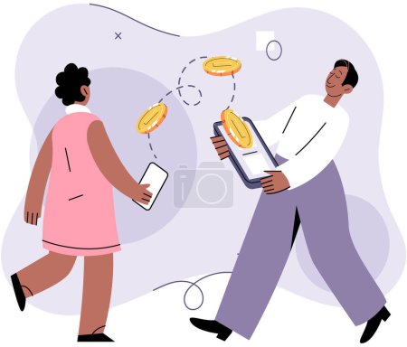 Illustration for Mobile banking app and e-payment. Smartphone pay by credit card via electronic phone wallet. Online banking shopping by phone and connected card. Digital money transfer technology purchase transaction - Royalty Free Image