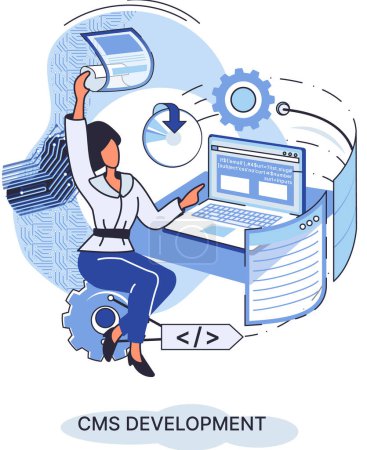 Illustration for CMS development process. Female programmer works with content management for web site information system or computer program used to enable and organize collaborative process of managing content - Royalty Free Image