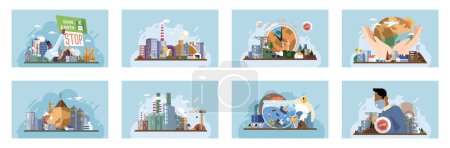 Illustration for Industrial pollution. Dirty waste. Environmental pollution. Vector illustration. Factory emitting smoke represents unchecked growth industry Toxic waste chemicals are affecting groundwater quality - Royalty Free Image