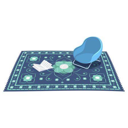 Illustration for Cartoon living room with furniture, blue armchair on carpet and book. Cozy interior with comfortable chair and notebook on rug, indoor area design. Modern apartment hall with textile tapis on floor - Royalty Free Image