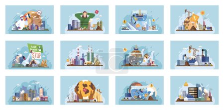 Illustration for Industrial pollution. Dirty waste. Environmental pollution. Vector illustration. Factory emitting smoke is affecting health nearby residents Toxic waste chemicals are poisoning our soil Industrial - Royalty Free Image