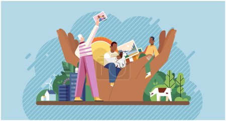 Illustration for Wellbeing metaphor. Vector illustration. Human care, bedrock of caring work culture Wellbeing at work, gateway to employee satisfaction Support of professional growth, buoyant force behind career - Royalty Free Image