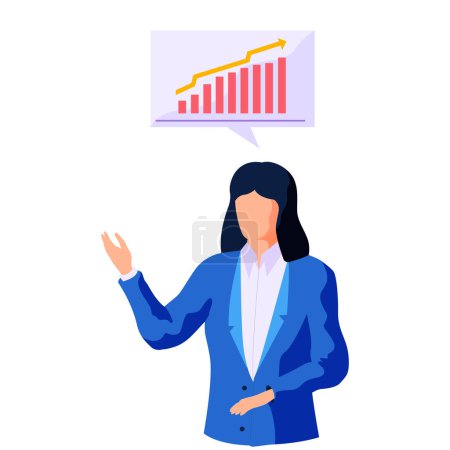 Illustration for Businesswoman analyzing data on growing graph and holding up her hand. Data science concept. Business charts and diagrams. Business performance analysis, benchmark metrics audit, financial statistics - Royalty Free Image